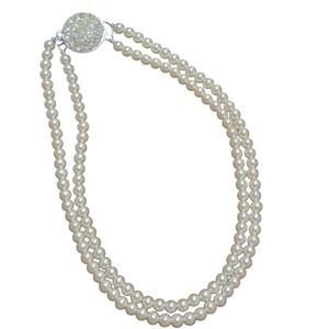 Vtg Sarah Cov Double Strand Faux Pearl Necklace Silver Tone  Pearl Focal Clasp